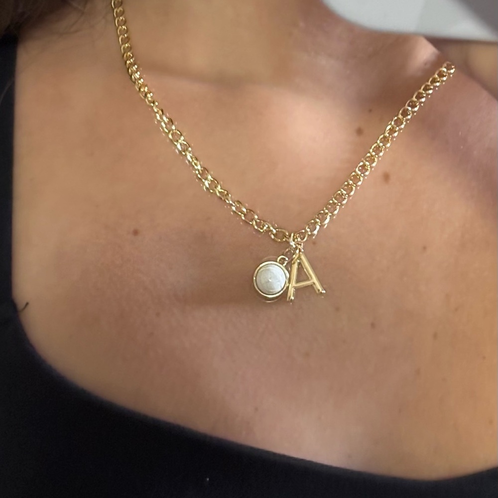 Gold A Initial Necklace with White Stone Charm